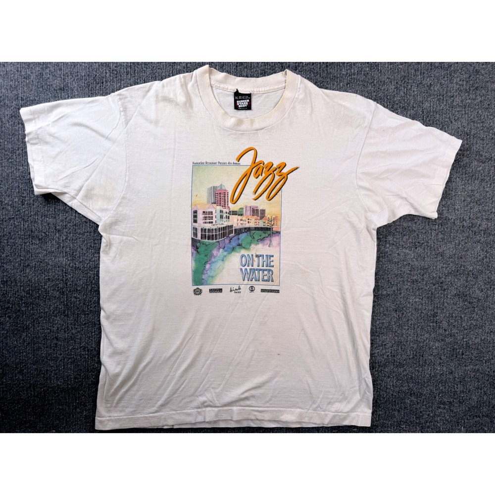 Vintage Screen Stars Jazz On The Water T Shirt XL White Graphic USA Made 90s Tee